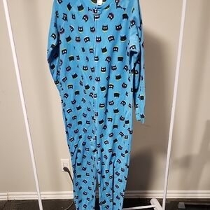 Breakfast In Bed Blue One Piece with Fun Cat Print. Size L